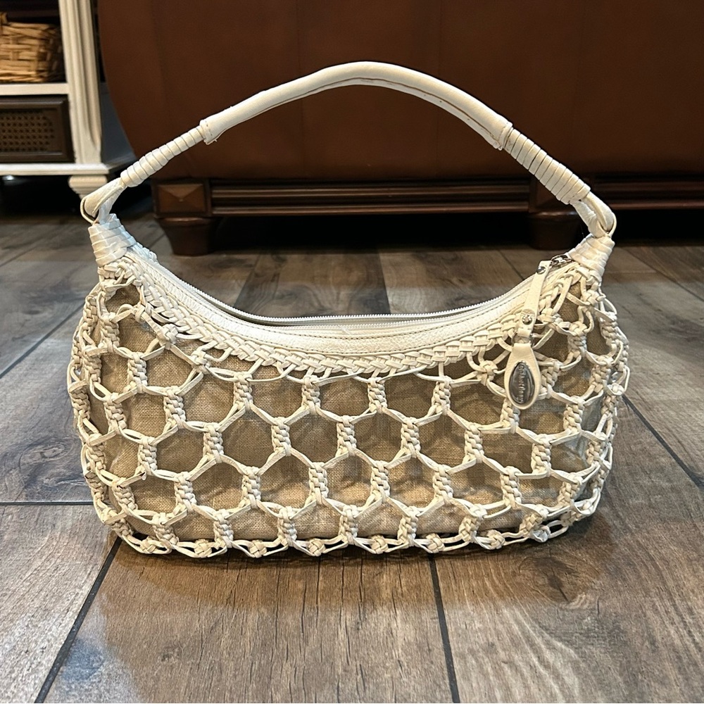 Cole Haan “Hannah Woven SU05” white woven leather over tan material handbag